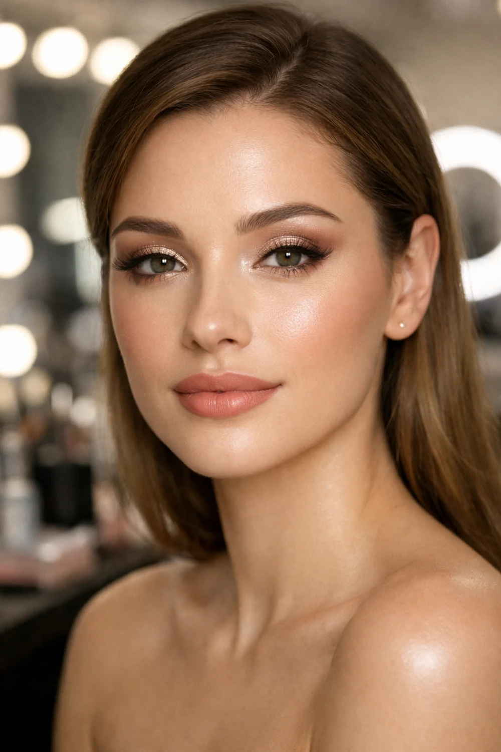 Champagne frosted nude eye makeup with soft shimmer lids, glowing skin highlight, and nude pink lips in a professional makeup salon photoshoot creating an elegant frosted glam beauty look.