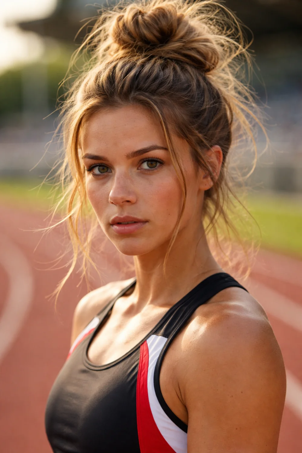 Female runner with messy athletic bun hairstyle on stadium running track, sporty training hair inspiration for runners, track workout hairstyle and casual athletic look