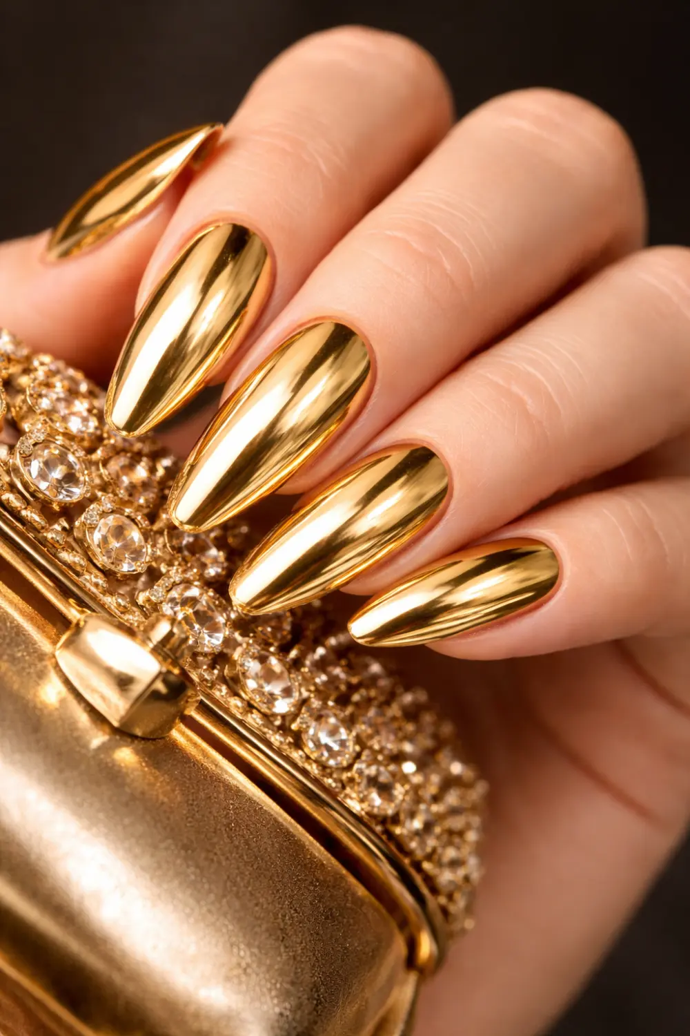 Luxury gold chrome nails with mirror metallic shine on long almond nails, glossy golden manicure reflecting warm studio lighting, glamorous chrome nail design inspiration