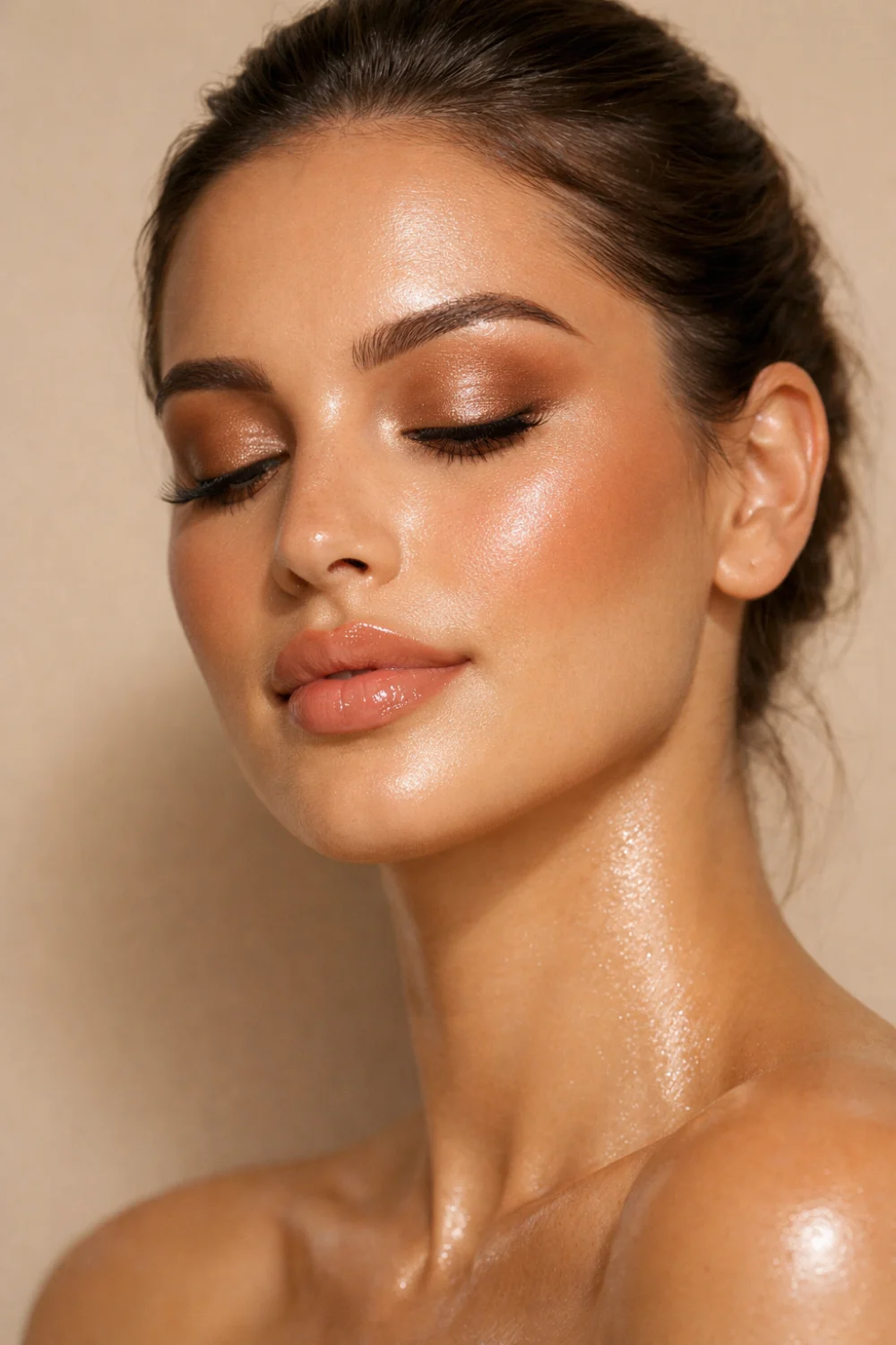 Radiant glow latte makeup look with caramel shimmer eyeshadow luminous bronzed skin and glossy nude lips creating a glowing warm beauty style perfect for Pinterest makeup inspiration.