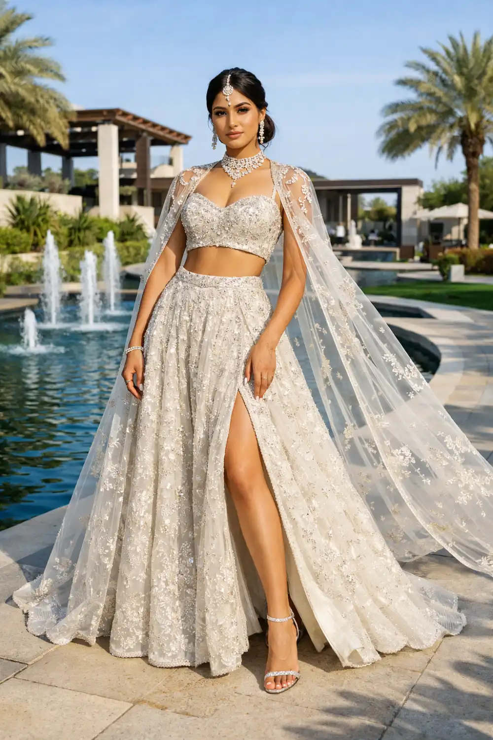 Modern Indian bride wearing an ivory bridal lehenga with a sheer embroidered cape and elegant jewelry, posing in a luxury outdoor resort setting with fountains and palm trees.