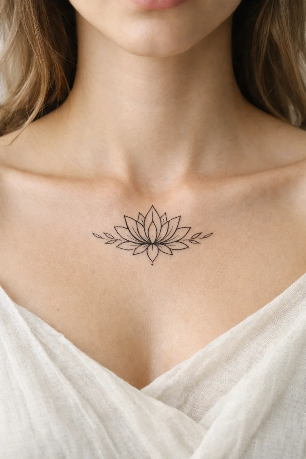 Lotus collarbone tattoo for women symbolizing strength resilience and spiritual growth, delicate lotus flower tattoo design trending on Pinterest feminine collarbone tattoos.