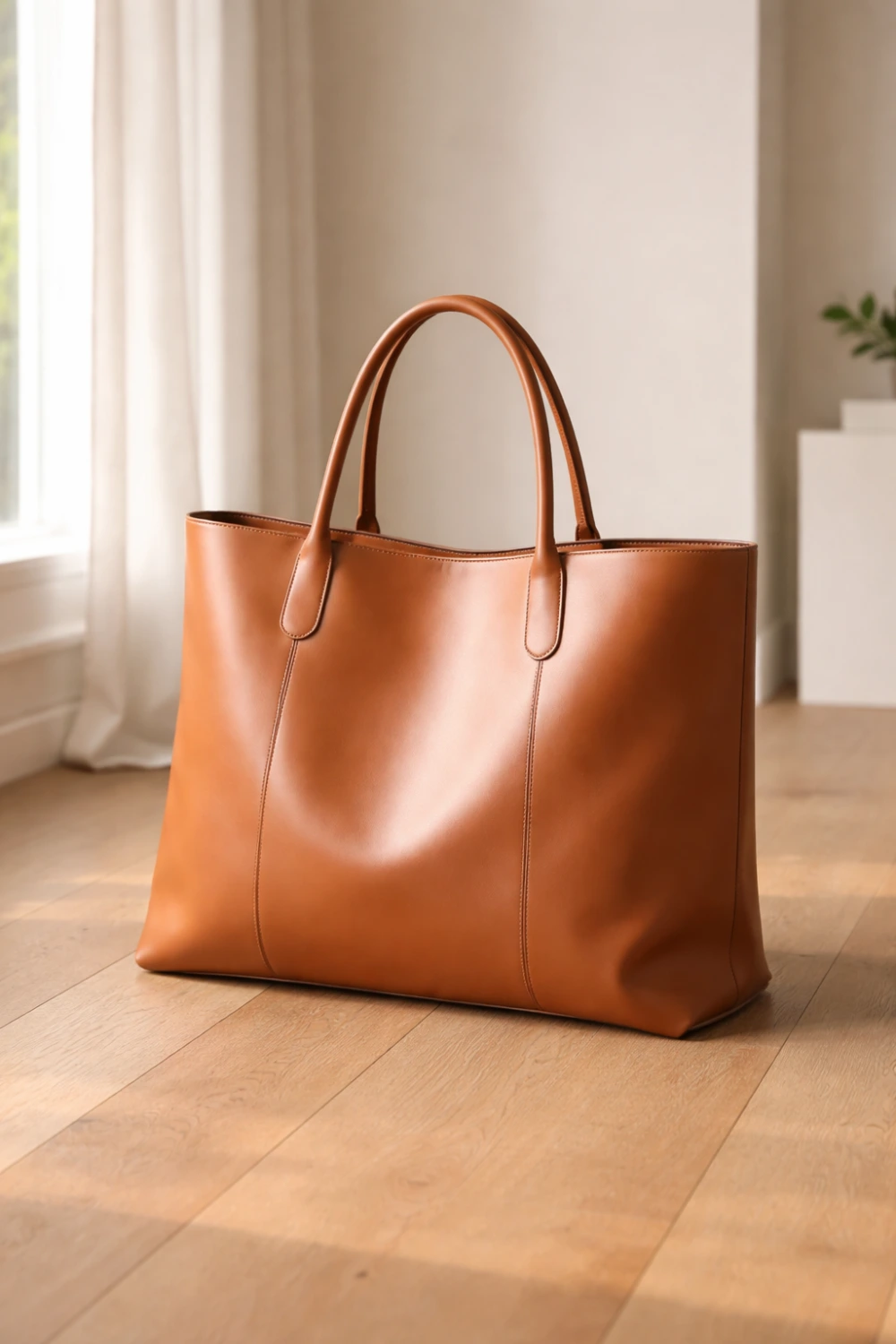 Large tan leather oversized tote handbag placed in modern interior space, practical everyday tote bag trend for women fashion accessories 2026.
