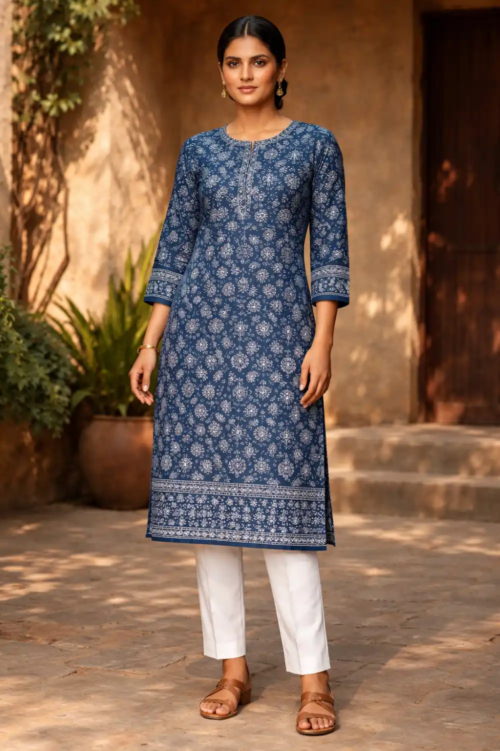 Classic indigo printed kurti with traditional block style patterns, three quarter sleeves and straight silhouette paired with white trousers, timeless casual Pakistani kurti outfit.