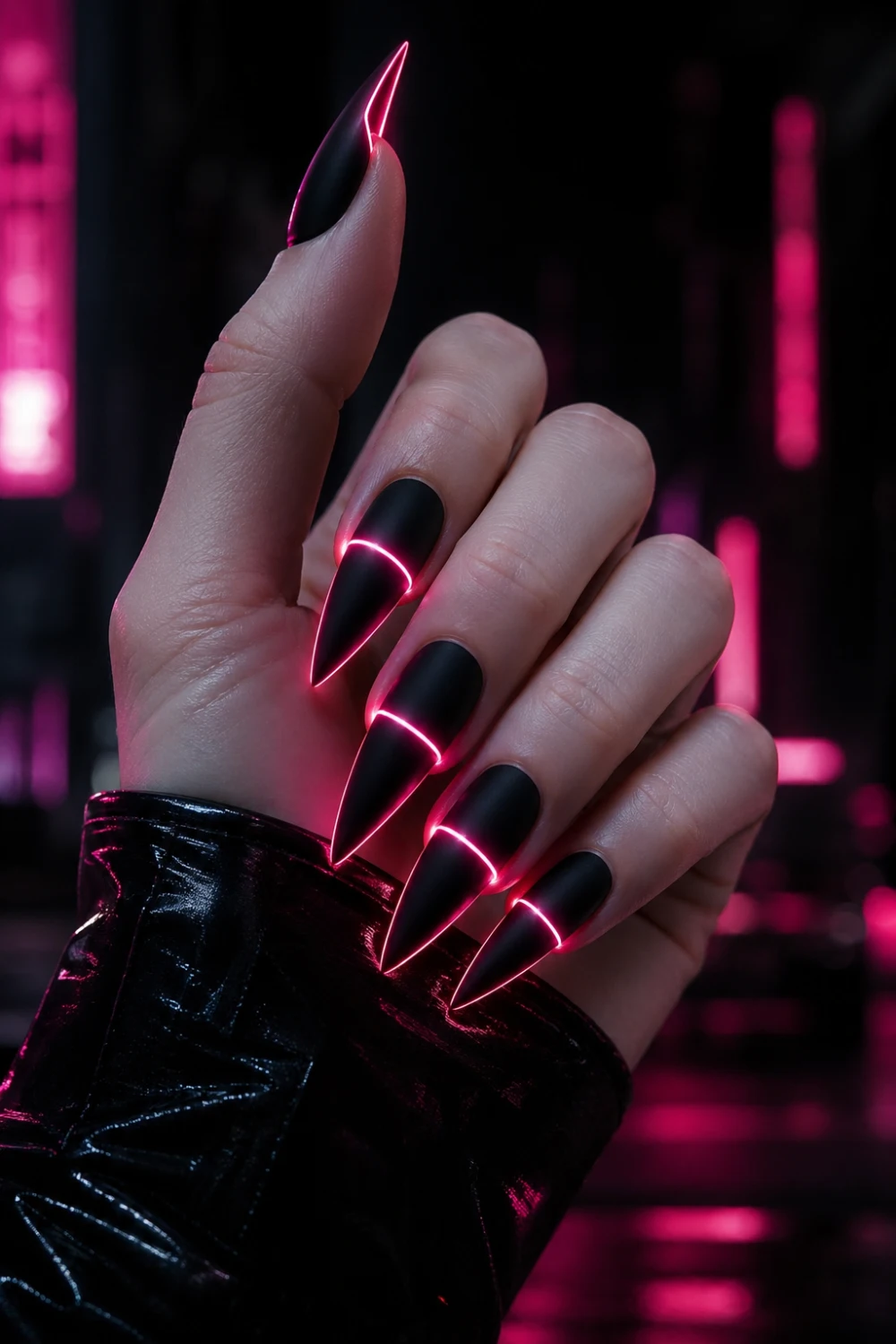 black neon pink halo nails matte black stiletto nails glowing pink aura lines edgy cyberpunk nail design bold statement nails trendy night look