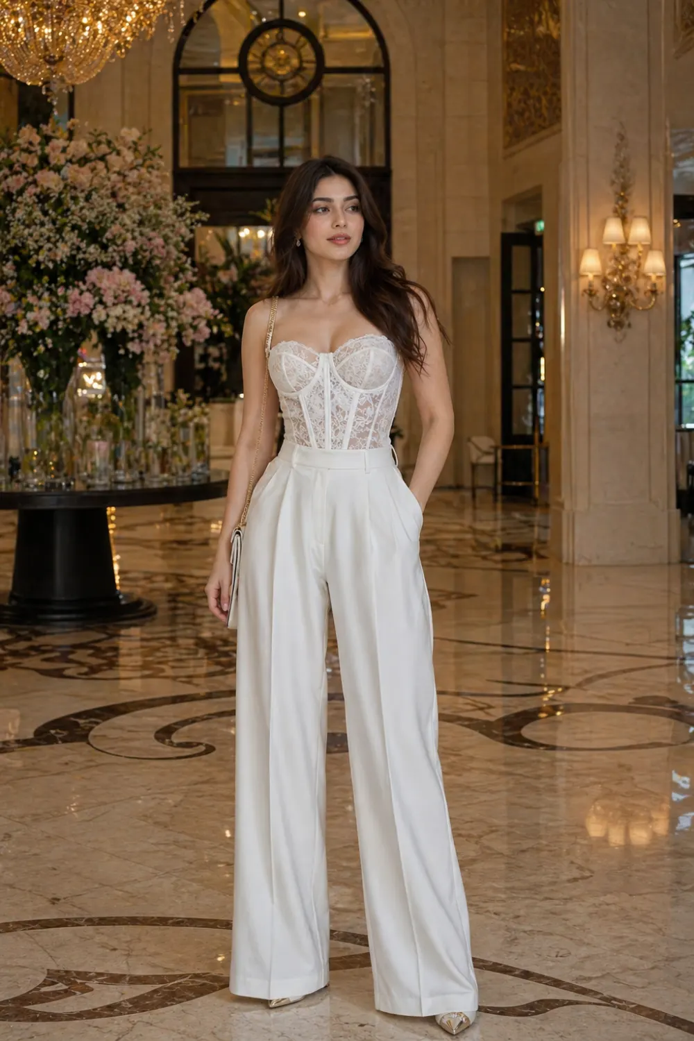 lace corset top with wide leg pants outfit, elegant structured lace outfit, woman in luxury setting wearing corset and trousers, modern feminine formal look, classy evening outfit idea