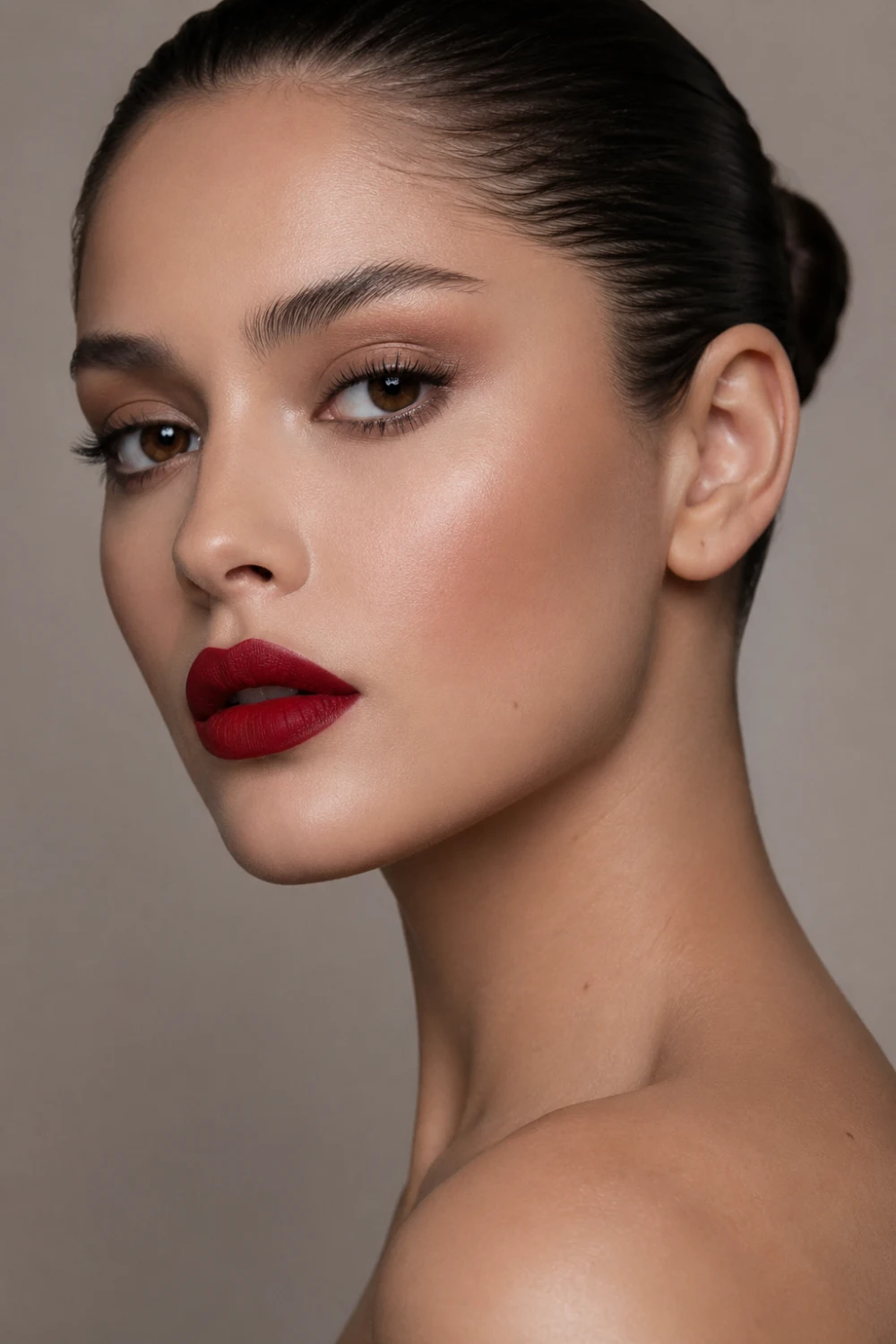 Minimal beauty look with matte red lipstick, slicked back low bun hairstyle, smooth matte skin finish, neutral tones, soft lighting, clean modern makeup aesthetic