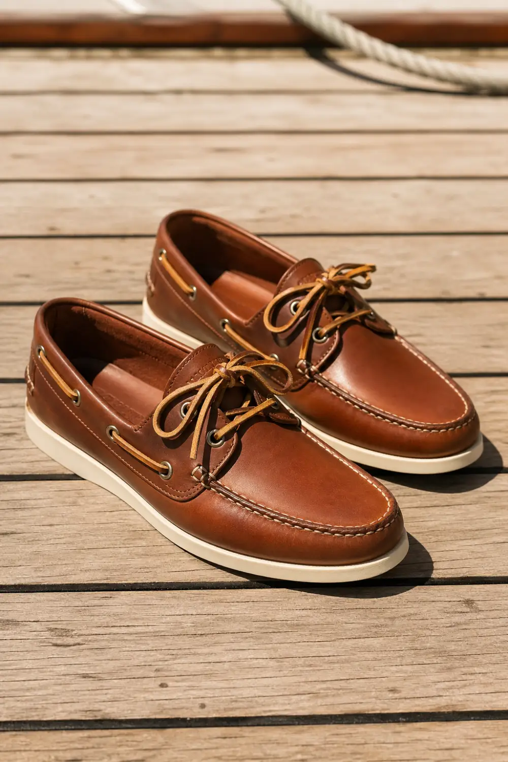 Classic brown leather boat shoes with lace detail placed on wooden deck, modern preppy footwear style, clean stitched design, casual luxury look perfect for relaxed outfits and timeless fashion styling