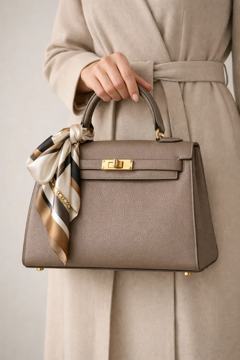 handbag with silk scarf tied on handle luxury bag styling idea