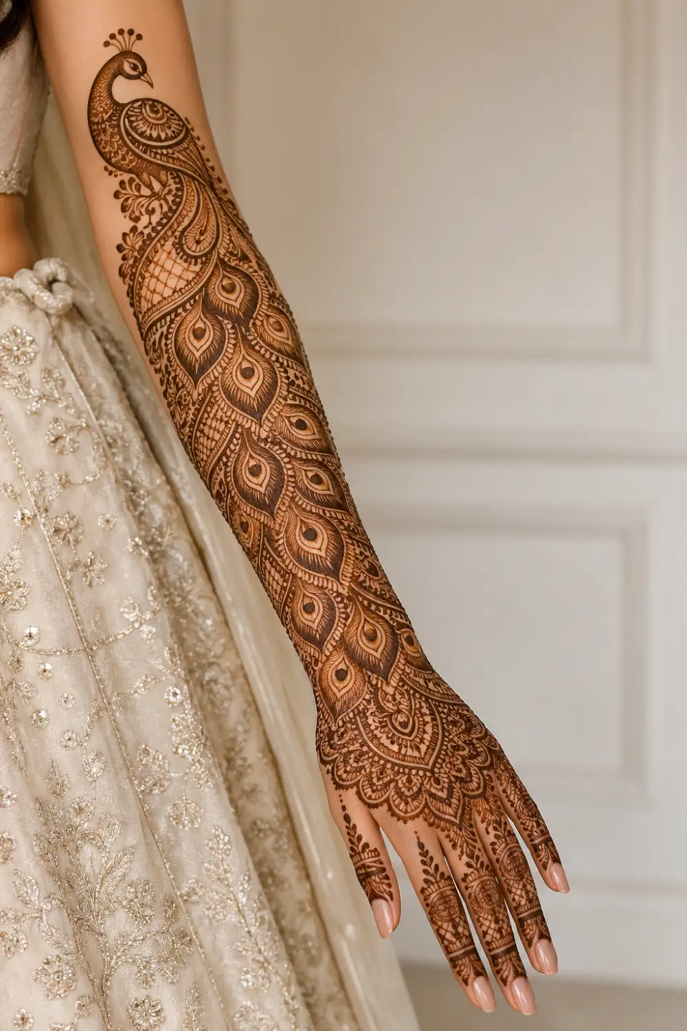 peacock feather full sleeve mehndi design with detailed feather patterns flowing along arm, artistic henna style with elegant curves, bridal hand design from fingertips to elbow, rich and graceful look