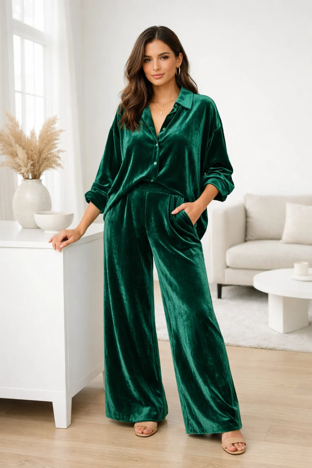 Emerald velvet co ord set with loose shirt and wide leg pants on a model in a bright modern living room, relaxed fit, luxury casual outfit idea