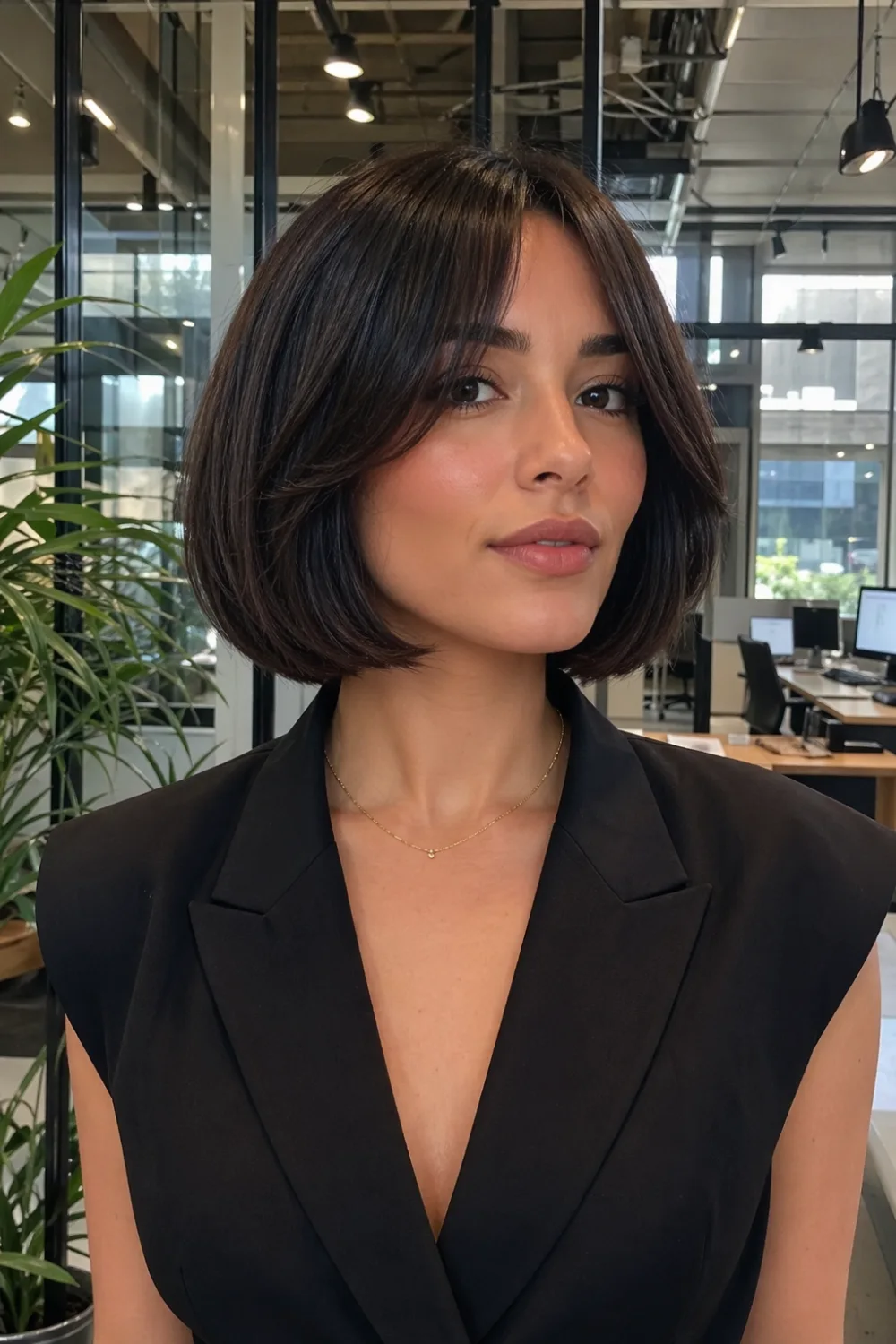 short bob haircut with curtain bangs sleek structured shape jaw length style head to chest portrait in modern office interior with glass walls and natural lighting