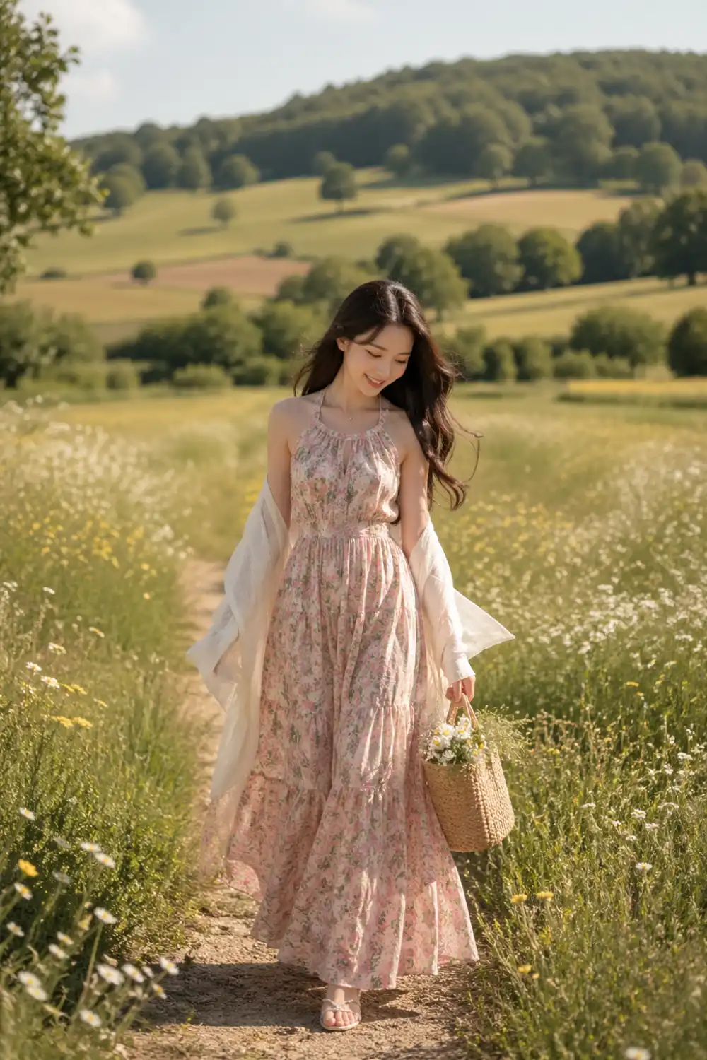 floral maxi dress shawl outfit poetcore aesthetic countryside style full body soft romantic summer look flowy dress natural field setting