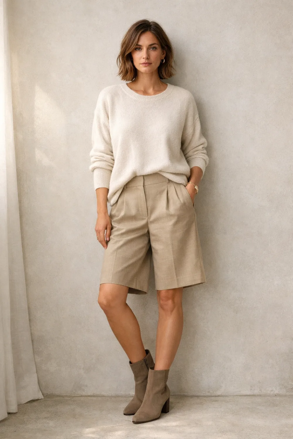 Neutral fall inspired outfit featuring beige Bermuda shorts paired with a soft knit sweater and ankle boots creating a cozy yet polished transitional fashion look.