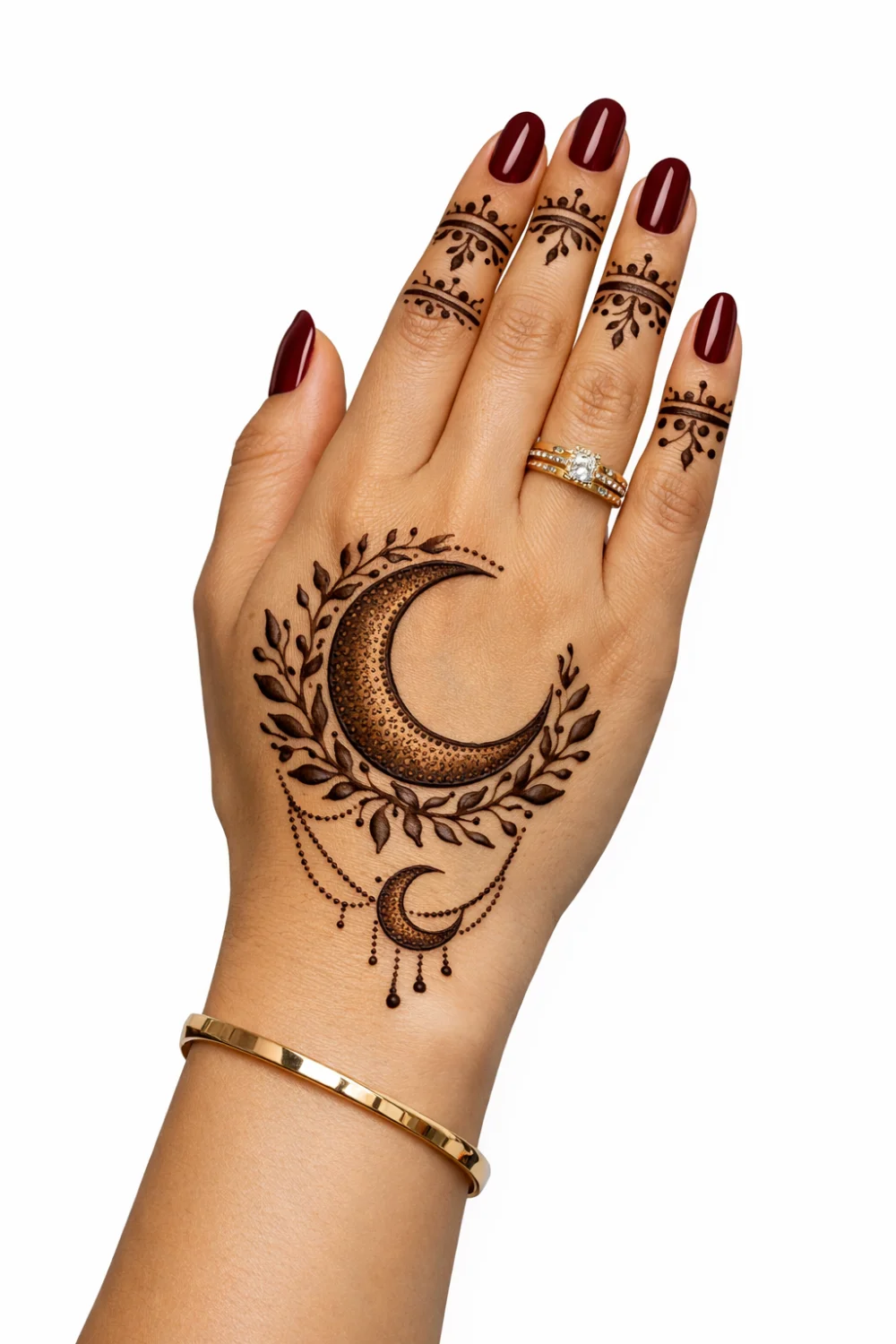 Decorative crescent moon mehndi design with leafy branches and hanging dotted chains across the hand, elegant Arabic henna pattern ideal for festive celebrations and stylish mehndi ideas.