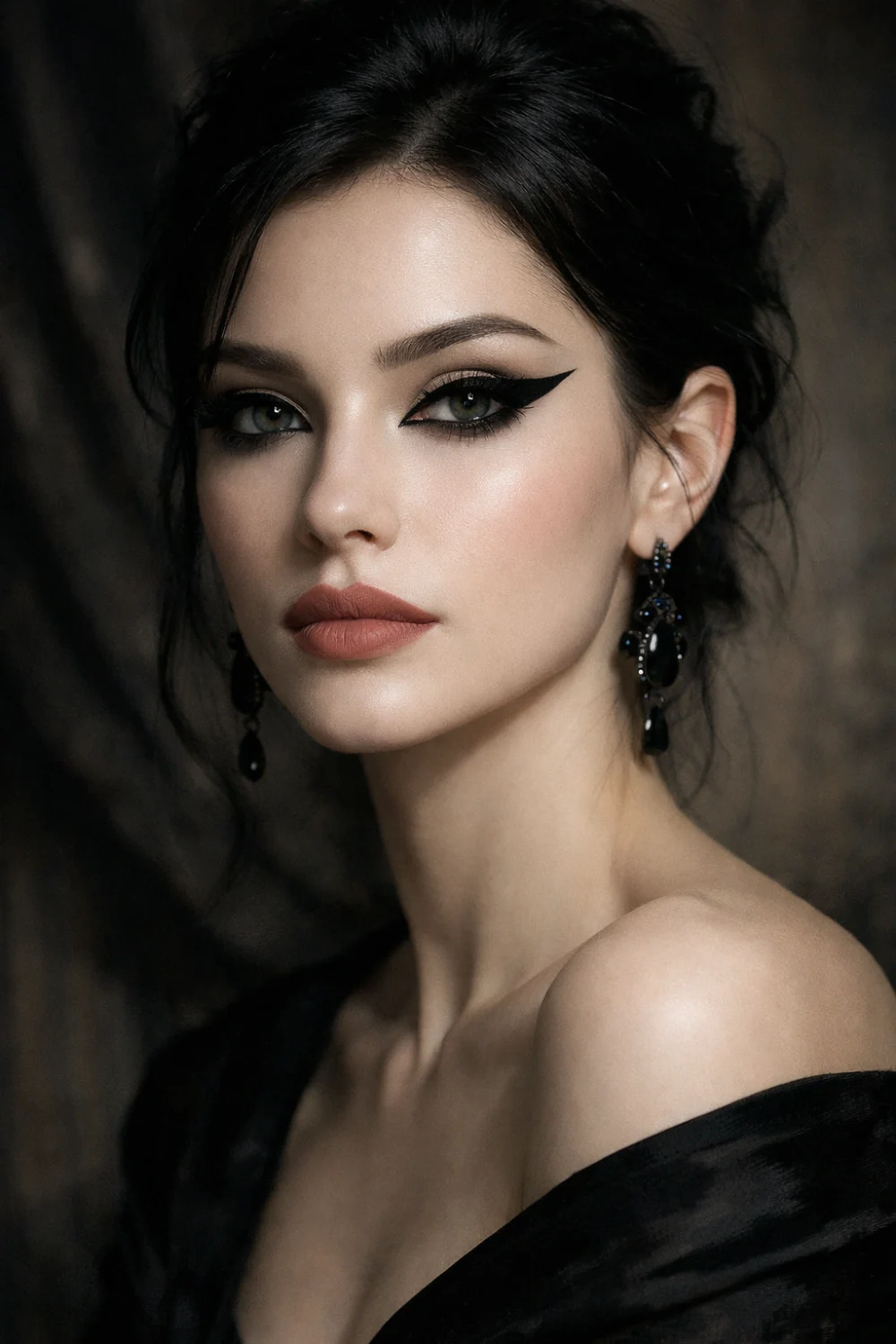 Gothic winged eyeliner makeup featuring sharp black cat eye liner porcelain skin and elegant dark romantic beauty aesthetic creating dramatic gothic glam style