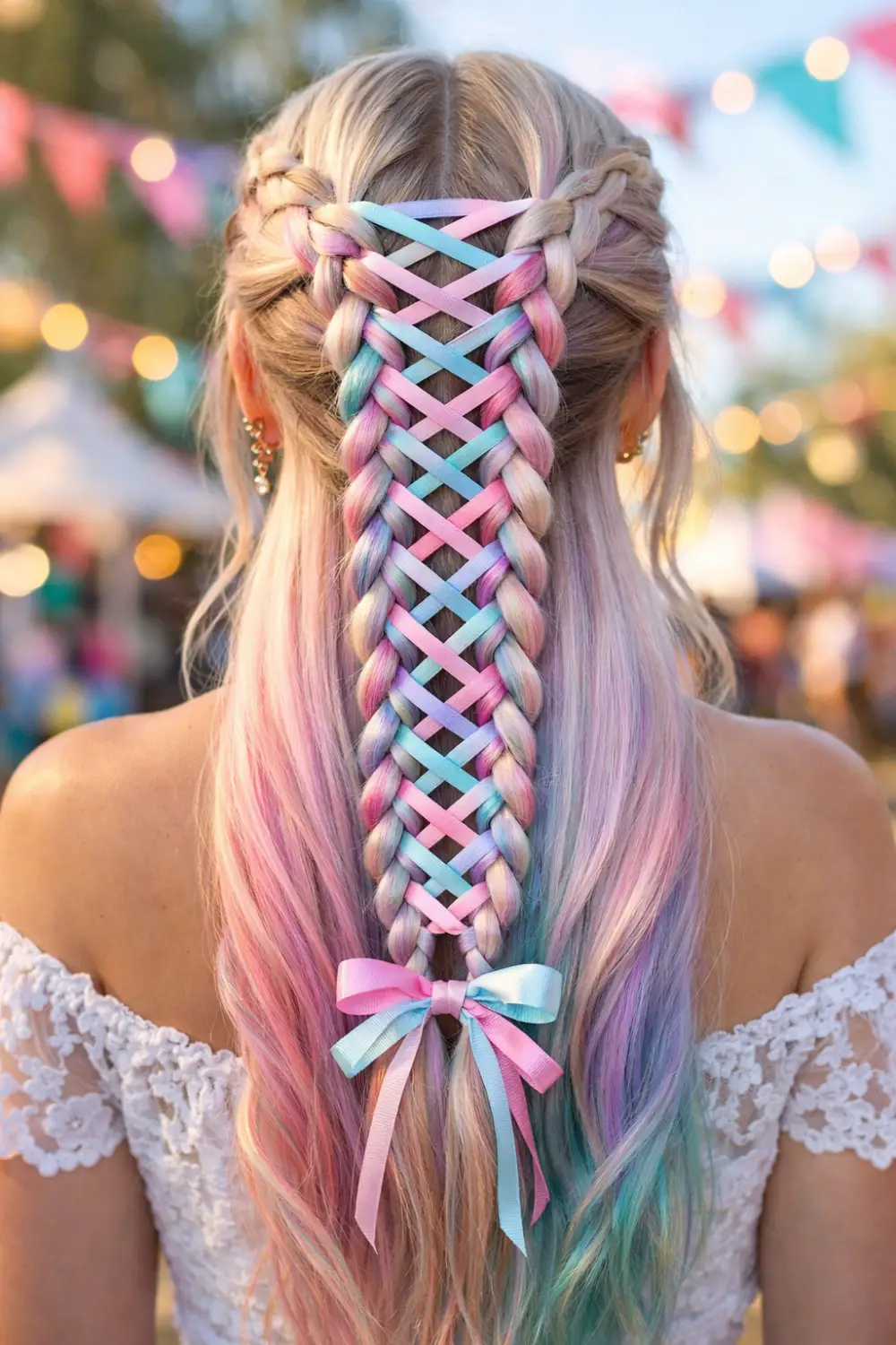 Colorful corset braid hairstyle with pastel ribbons woven through braids creating a vibrant crisscross corset pattern, fun festival hairstyle idea for long blonde hair