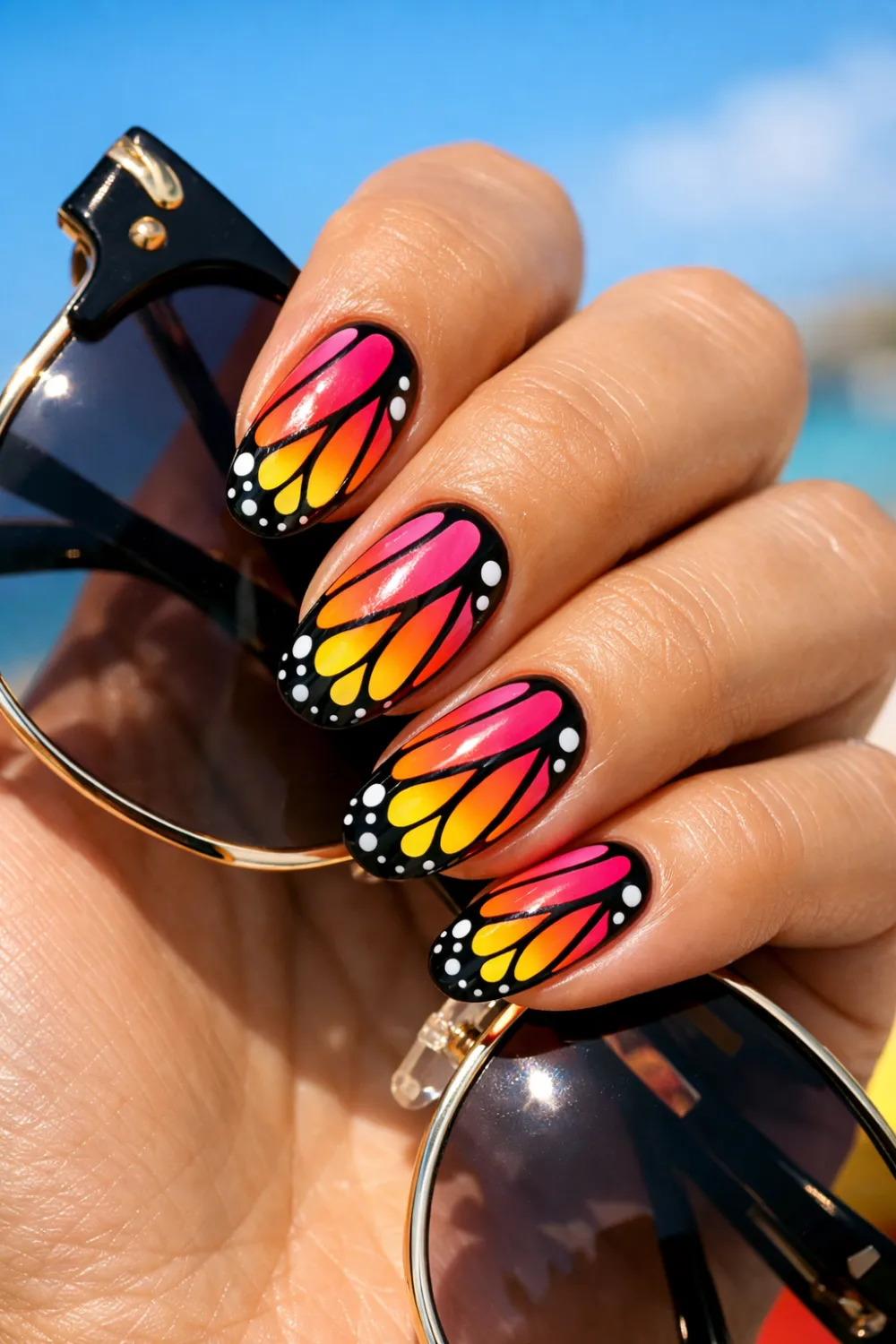 Full female hand holding sunglasses showing neon butterfly wing nail art in bright pink orange and yellow colors, glossy gel manicure vibrant butterfly nail inspiration