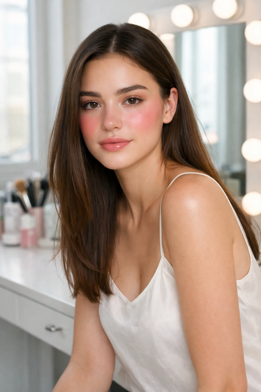 blush across nose makeup natural flushed look soft pink cheeks cute everyday makeup