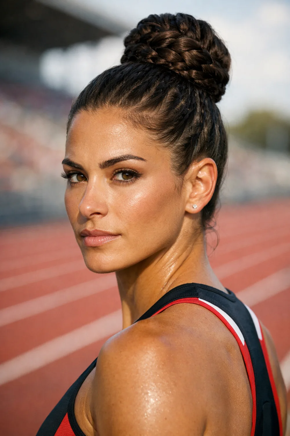 Female athlete with high braided bun hairstyle on running track, sporty braided bun hair inspiration for runners, track practice hairstyle and athletic training look