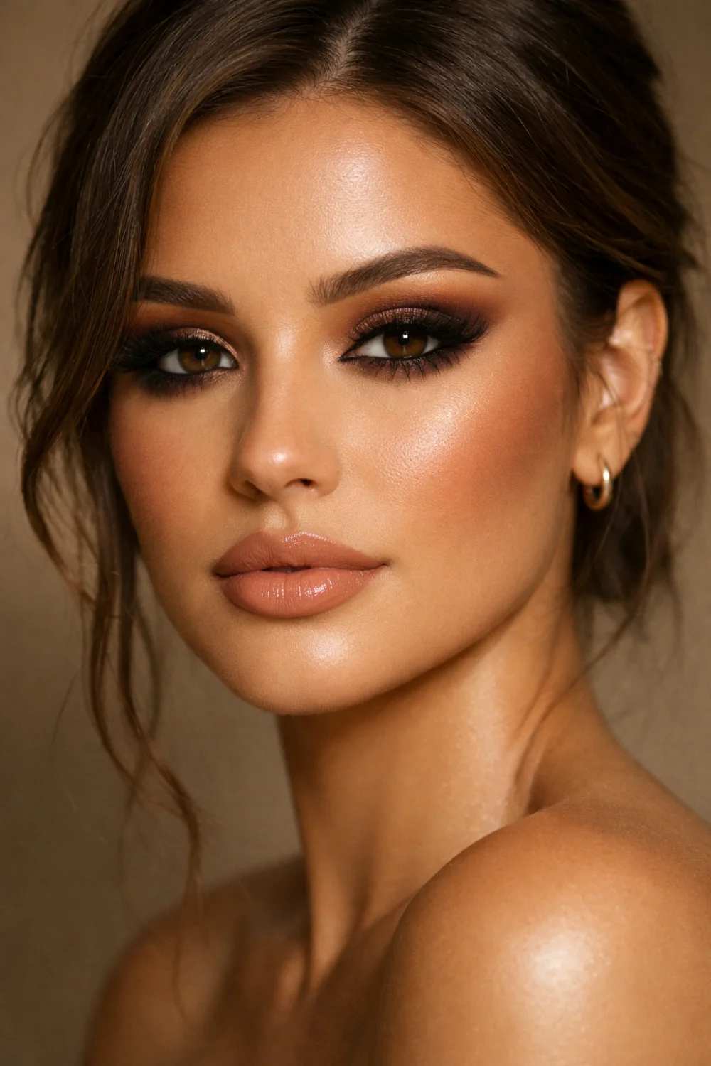 Deep mocha latte makeup look featuring rich chocolate brown smokey eyeshadow bronzed glowing skin and nude peach lips creating a dramatic warm beauty style trending on Pinterest makeup boards.