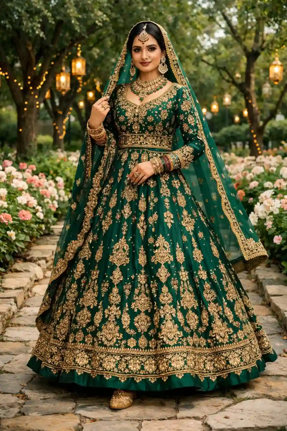 Elegant Indian bride wearing an emerald green bridal lehenga with intricate gold embroidery and traditional jewelry, standing in a romantic outdoor garden decorated with glowing lanterns.