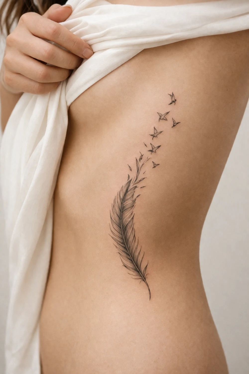 Feather turning into birds ribcage tattoo for women symbolizing freedom growth and strength, elegant feather tattoo idea trending on Pinterest feminine rib tattoos.