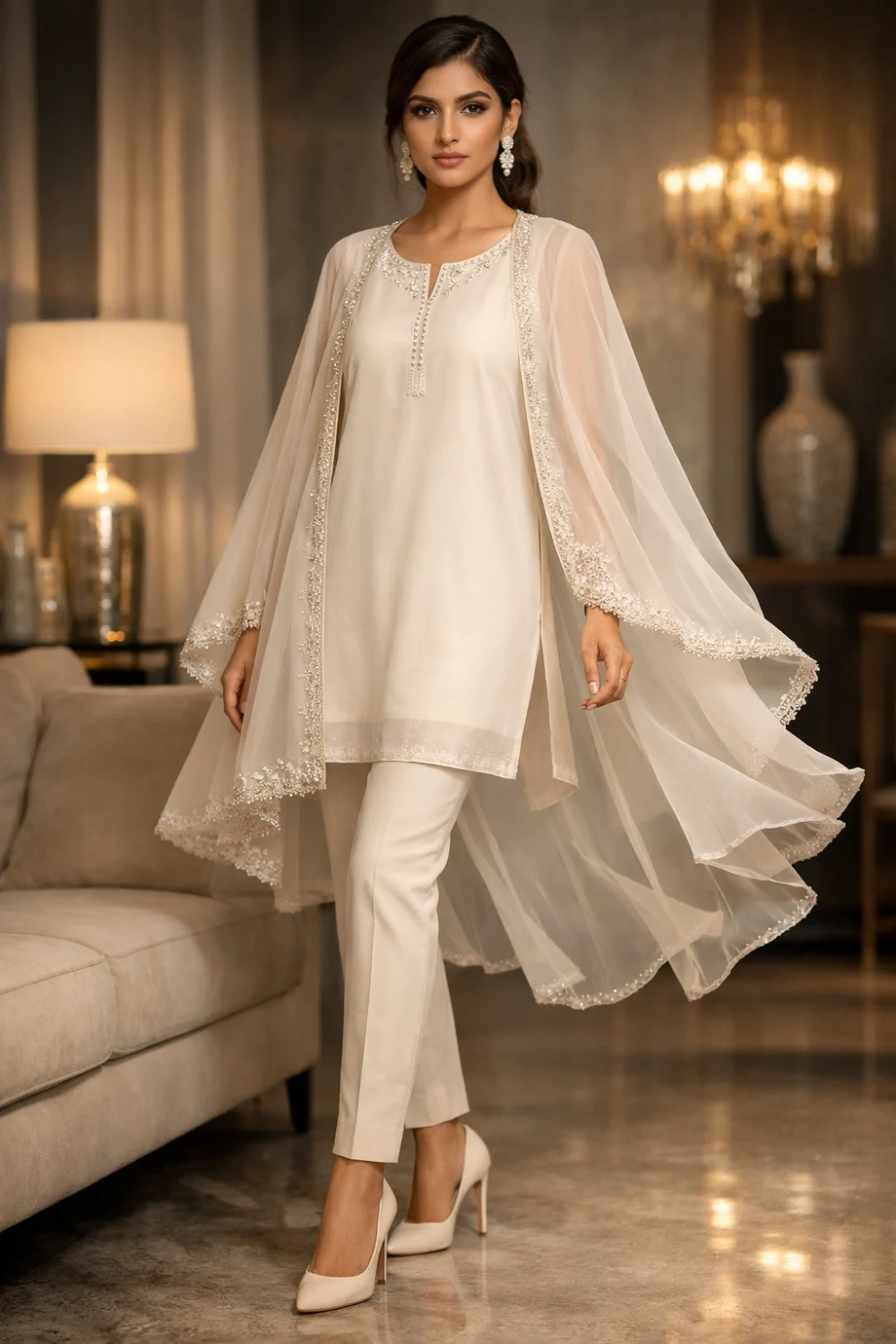 Elegant ivory cape style kurti with sheer flowing overlay, delicate embroidered edges and modern layered silhouette paired with slim trousers, stylish designer kurti outfit.