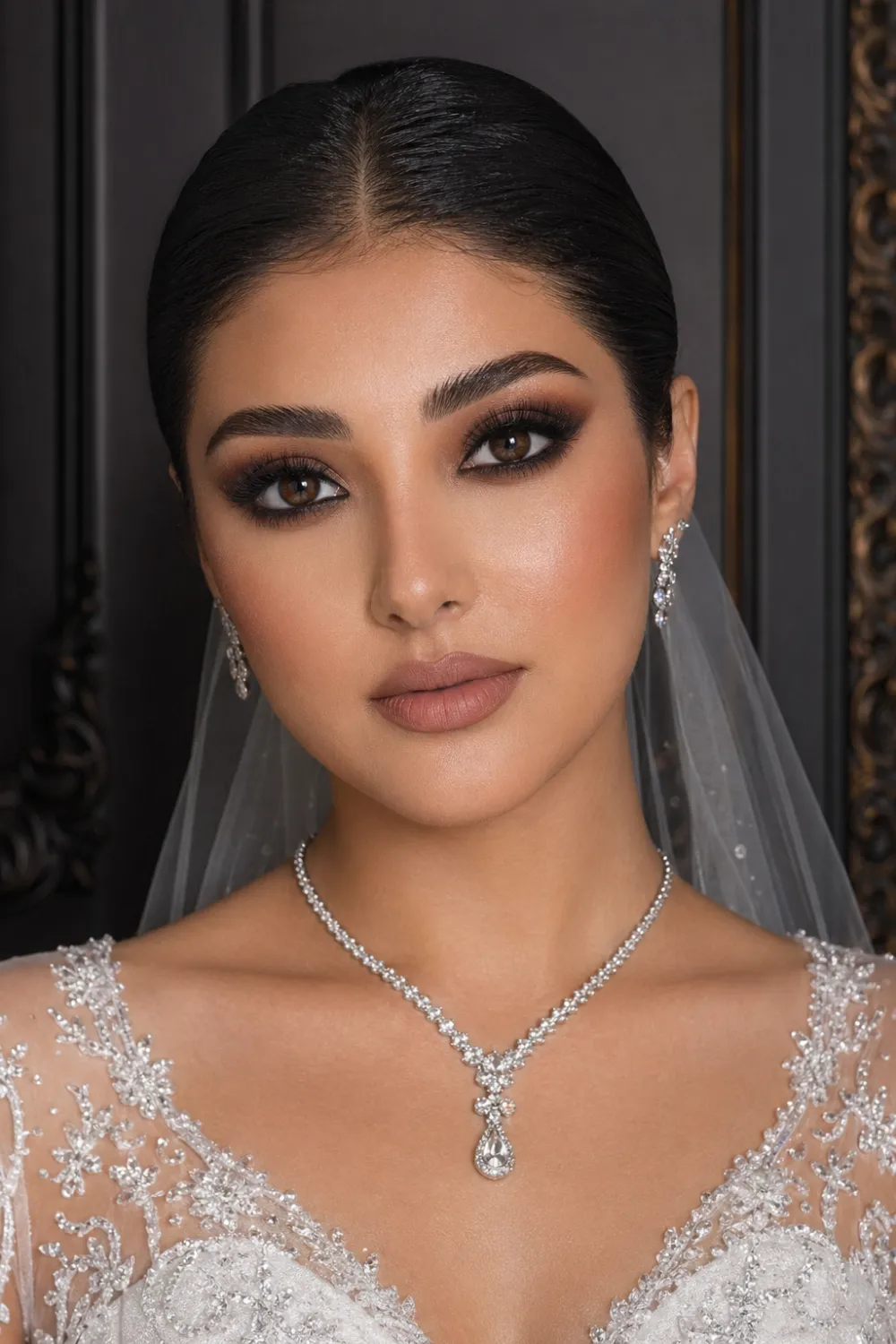 soft smokey eye bridal makeup close up brown smokey eyes nude lips glam bride elegant wedding makeup look
