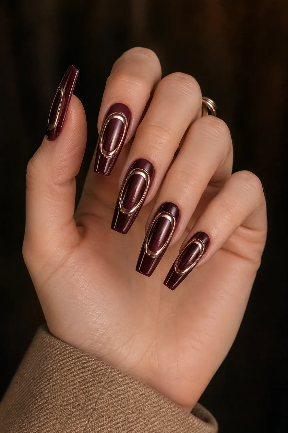 burgundy chrome halo nails glossy coffin gel nails deep wine color metallic halo rings rich elegant manicure dark luxury nail design trending nails