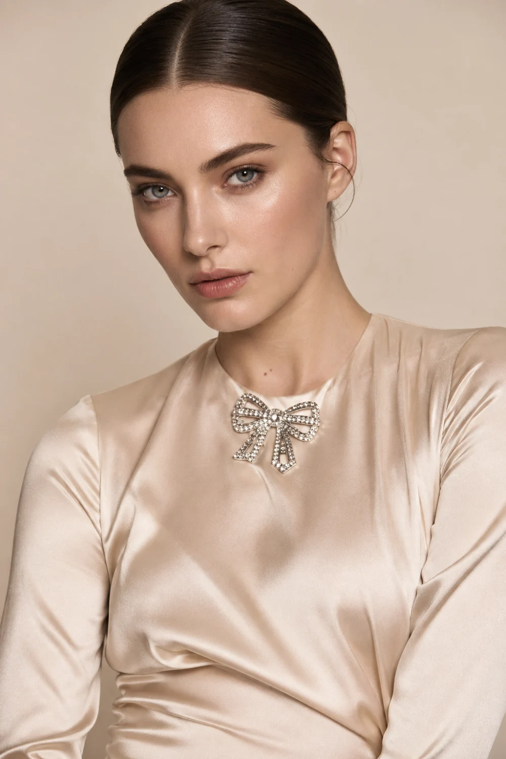 Elegant model in a champagne satin dress with a ribbon bow crystal brooch at the neckline, soft lighting, minimal background, refined feminine fashion styling