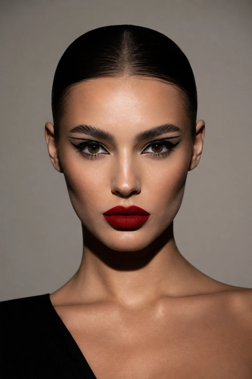 Bold beauty portrait with graphic black eyeliner, sharp winged eyes, slicked back hair, bright red lipstick, sculpted face, strong contour, high fashion edgy makeup style