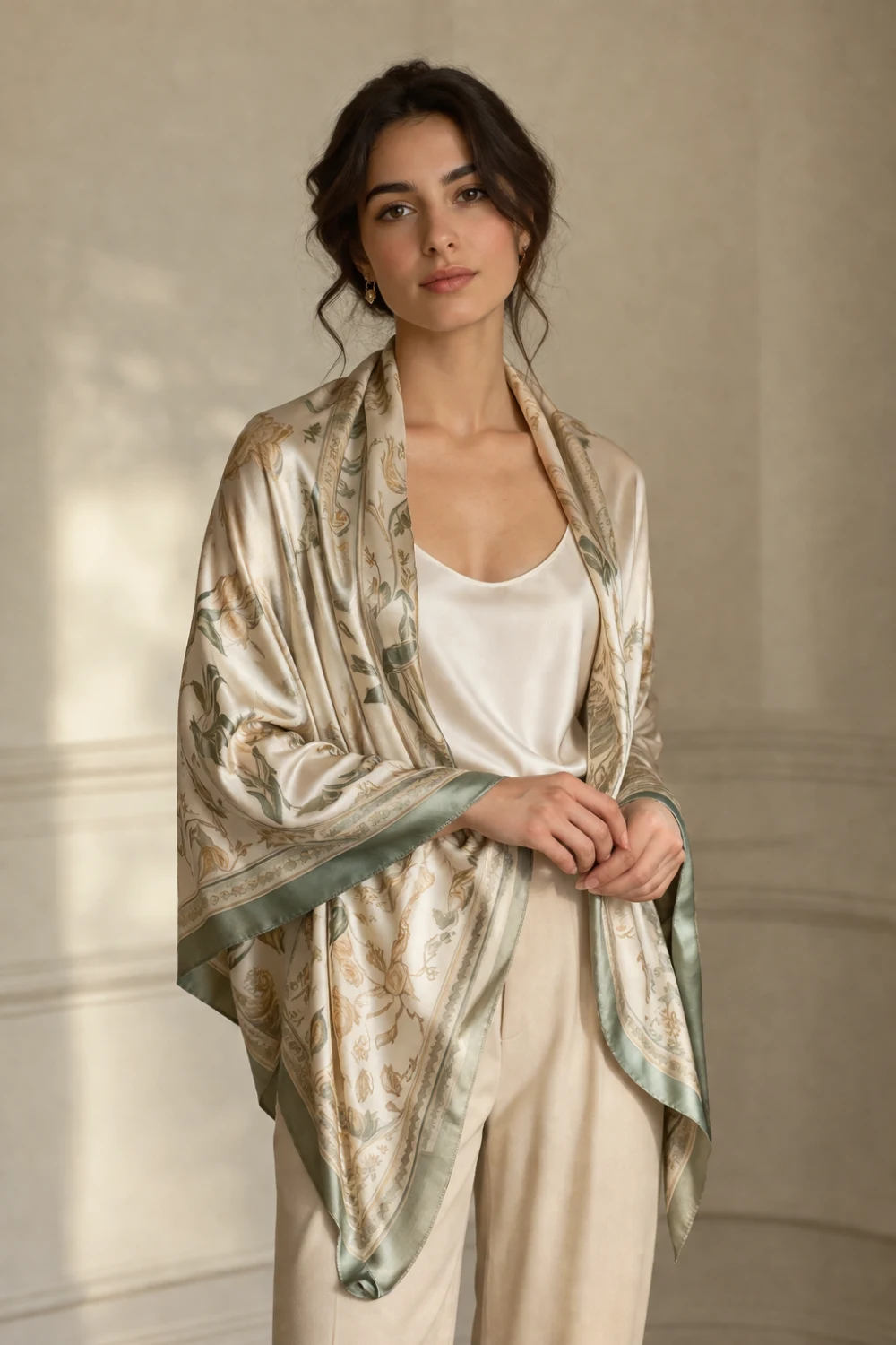 woman wearing silk scarf draped over shoulders elegant outfit styling idea