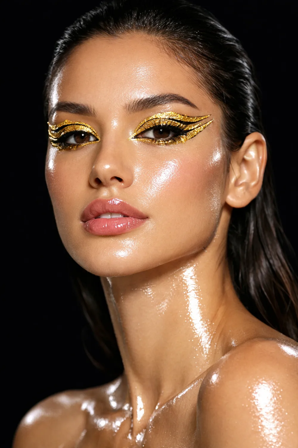 gold foil graphic eyeliner metallic bold glam eye makeup luxury party look