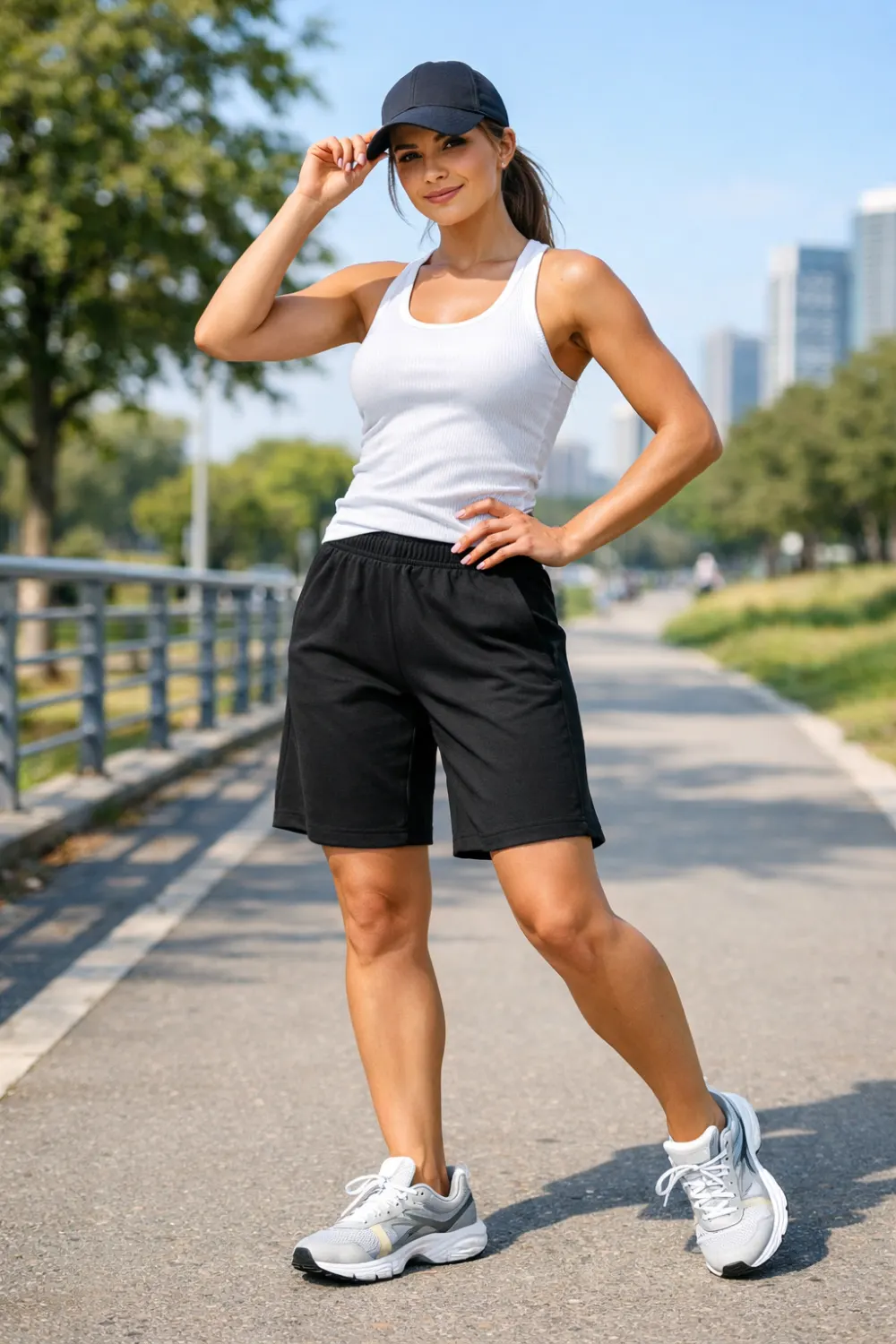 Sporty summer outfit featuring athletic Bermuda shorts paired with a fitted tank top, sneakers and baseball cap creating a casual athleisure inspired everyday look.