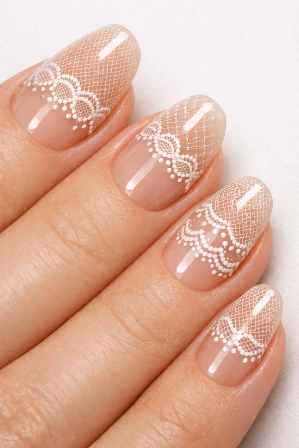 Delicate sheer lace nail design featuring fine mesh lace patterns and dotted details over a nude polish base, elegant natural manicure creating a subtle lace effect perfect for classy minimal nail inspiration and trending nails