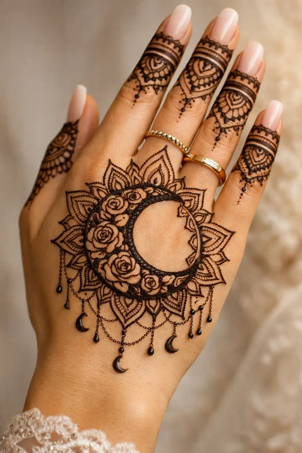 Mandala crescent moon mehndi design with floral patterns and tiny hanging moon charms on the hand, elegant Arabic henna style perfect for weddings, Eid, and festive celebrations.