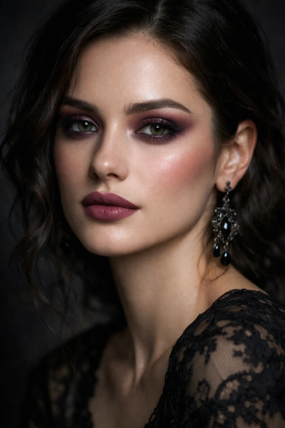 Dusty plum romantic makeup featuring plum eyeshadow mauve lips glowing skin and elegant dark feminine beauty aesthetic creating soft gothic glam inspiration