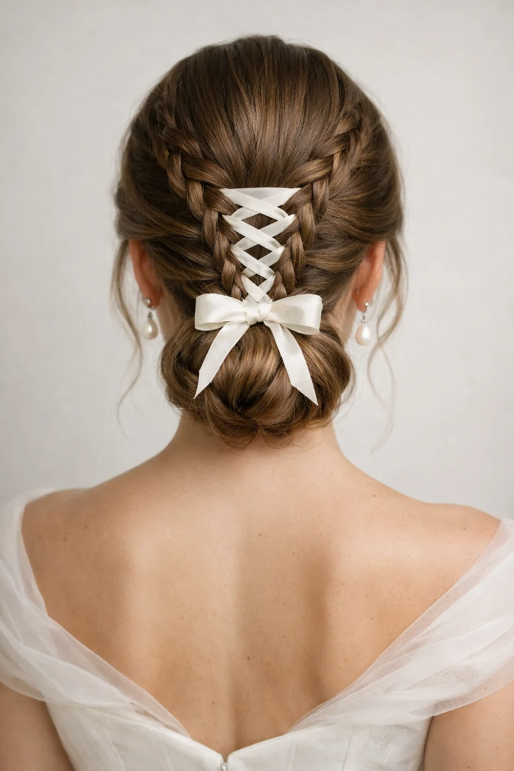 Corset braid low bun hairstyle with ribbon lacing and elegant braided design gathered into a soft low bun, romantic bridal hairstyle inspiration for long hair
