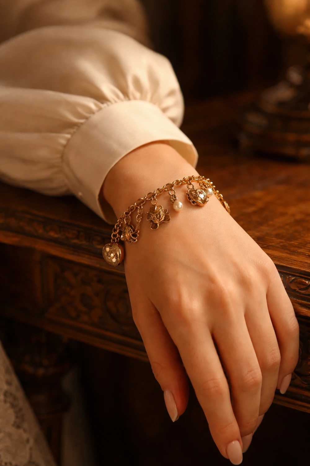 Woman wearing a vintage gold charm bracelet with delicate charms and pearls, creating a romantic old money jewelry aesthetic with heirloom inspired elegance and timeless style.