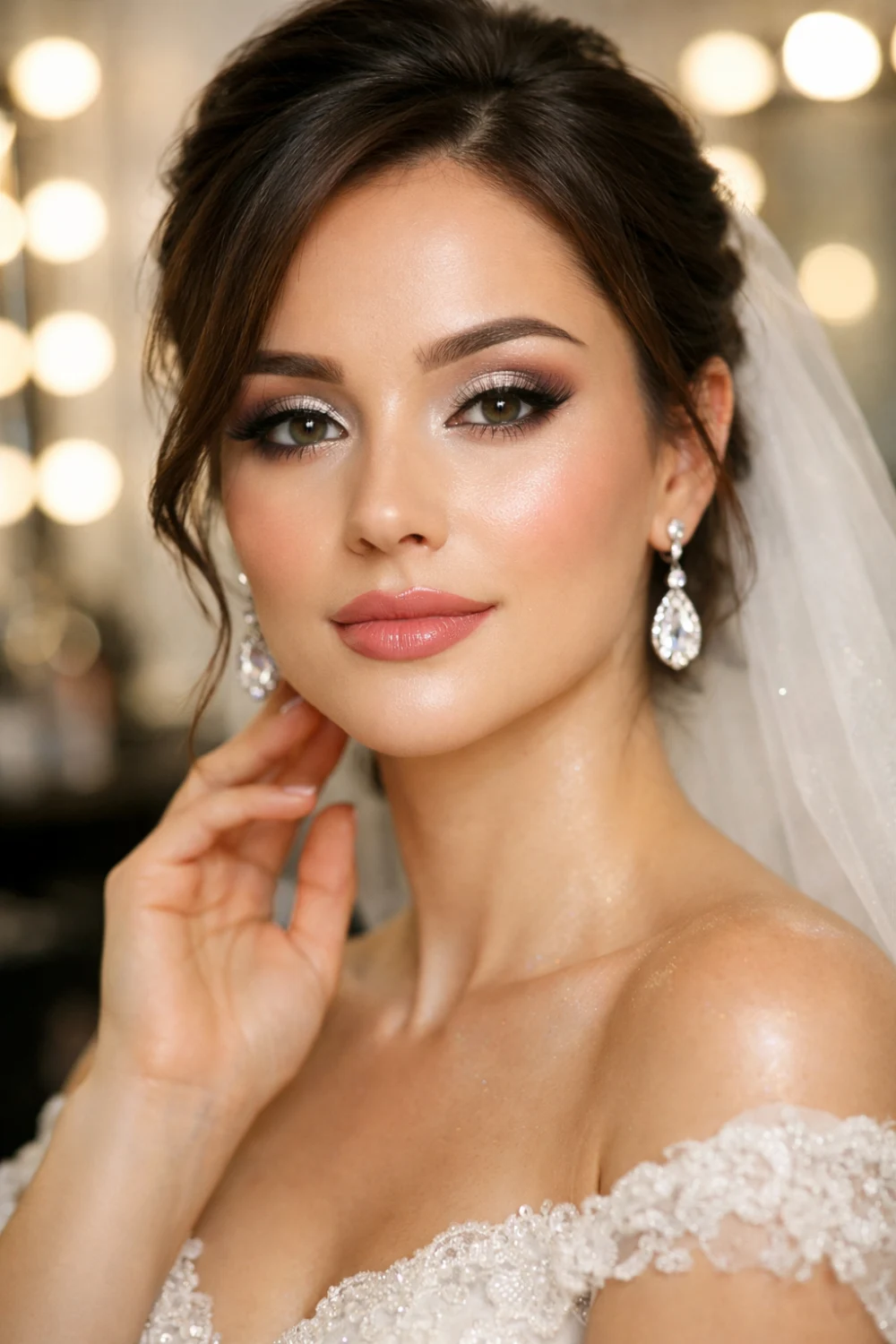 Soft frosted bridal glam makeup with shimmering icy eyeshadow, glowing bridal skin highlight, and rosy nude lips captured in a professional beauty salon photoshoot.