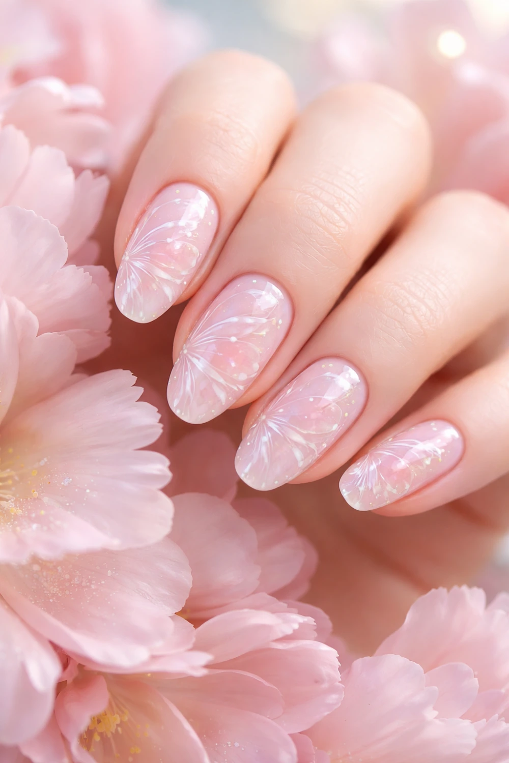 Full female hand touching pink flowers showing soft pink fairy butterfly wing nail art with delicate white wing lines and glossy gel manicure inspiration