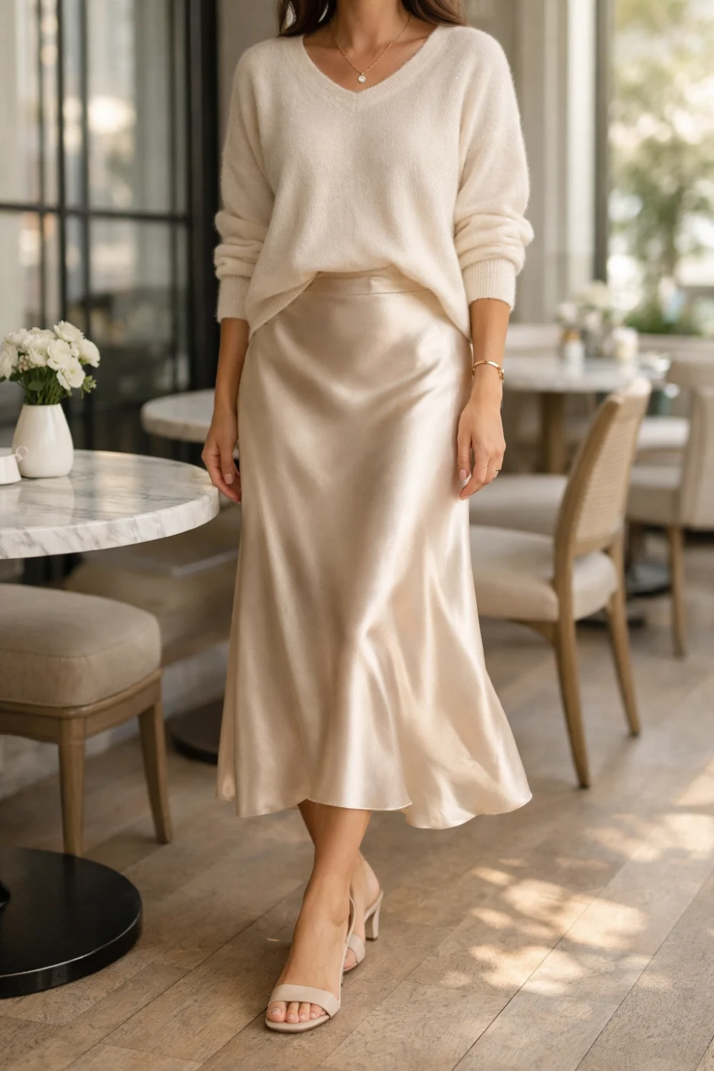 Woman wearing a satin slip midi skirt paired with a soft cream sweater and neutral heels inside a stylish café interior, creating an elegant spring brunch outfit inspiration