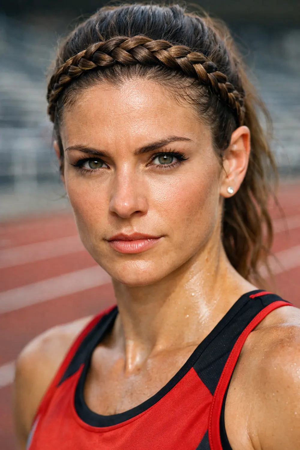 Female athlete with braided headband hairstyle on stadium track, sporty braid hair inspiration for runners, track practice hairstyle and athletic training hair look
