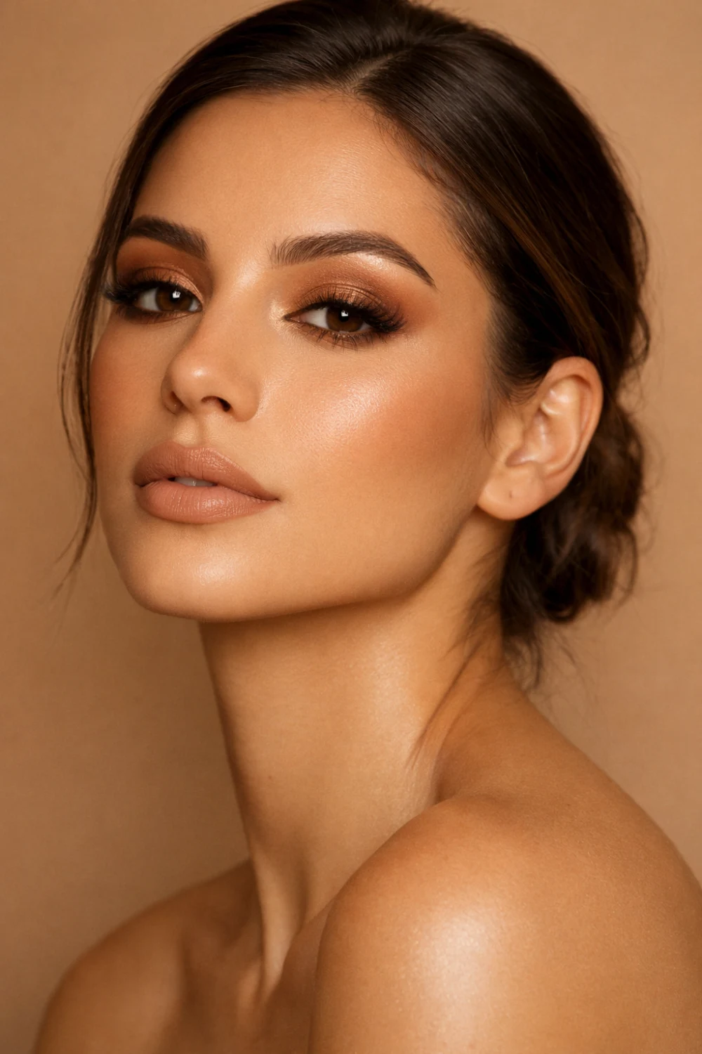 Soft matte latte makeup look with warm brown matte eyeshadow smooth bronzed skin and nude matte lips creating a sophisticated neutral beauty style trending on Pinterest makeup inspiration.