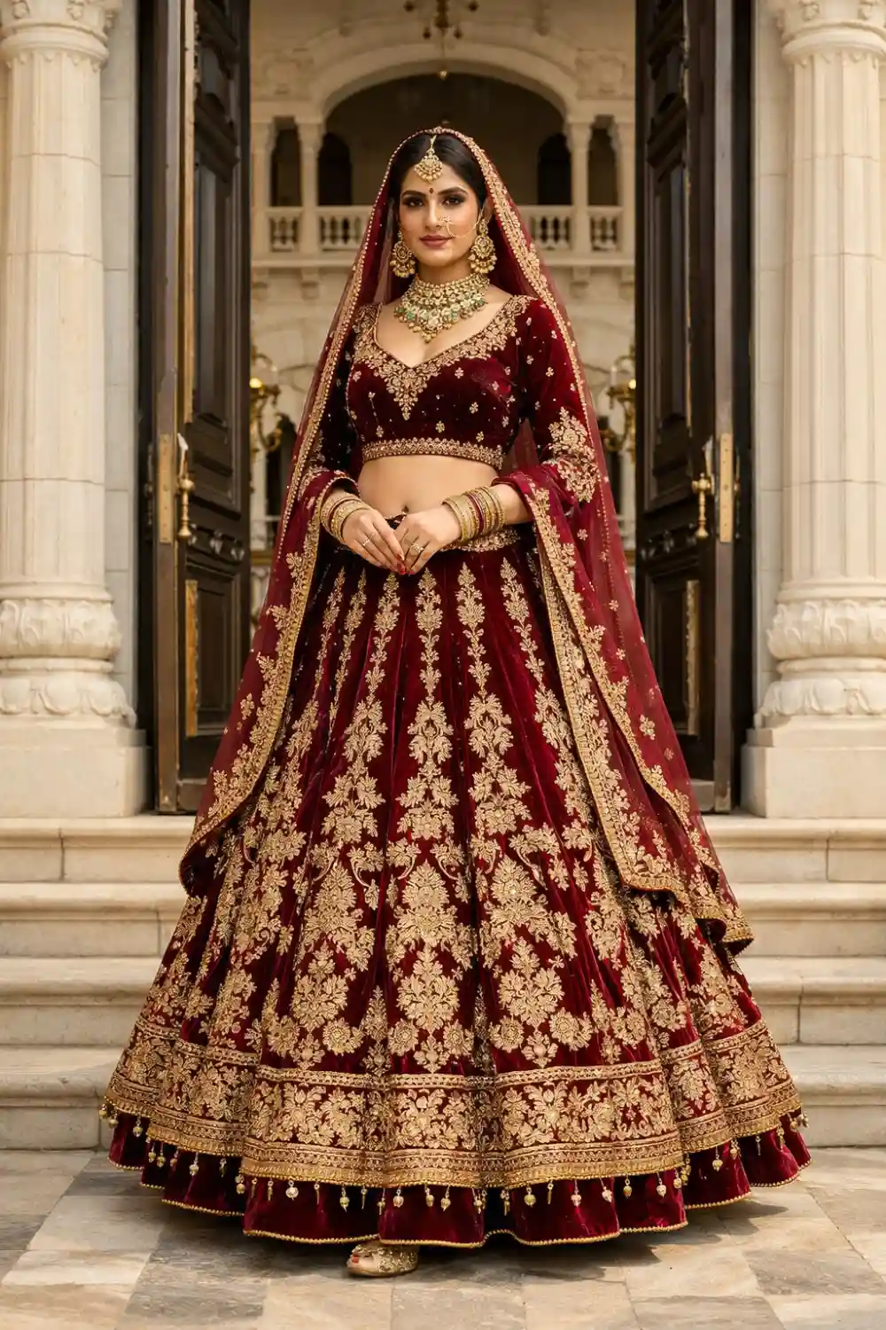 Beautiful bride wearing a deep maroon velvet bridal lehenga with intricate gold embroidery and traditional jewelry, posing in front of a grand palace entrance.