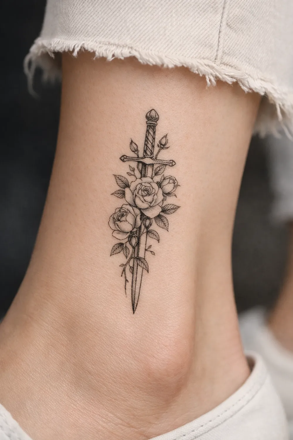 Sword and roses ankle tattoo for women symbolizing courage protection and strength, delicate sword tattoo with floral design trending on Pinterest feminine ankle tattoos.