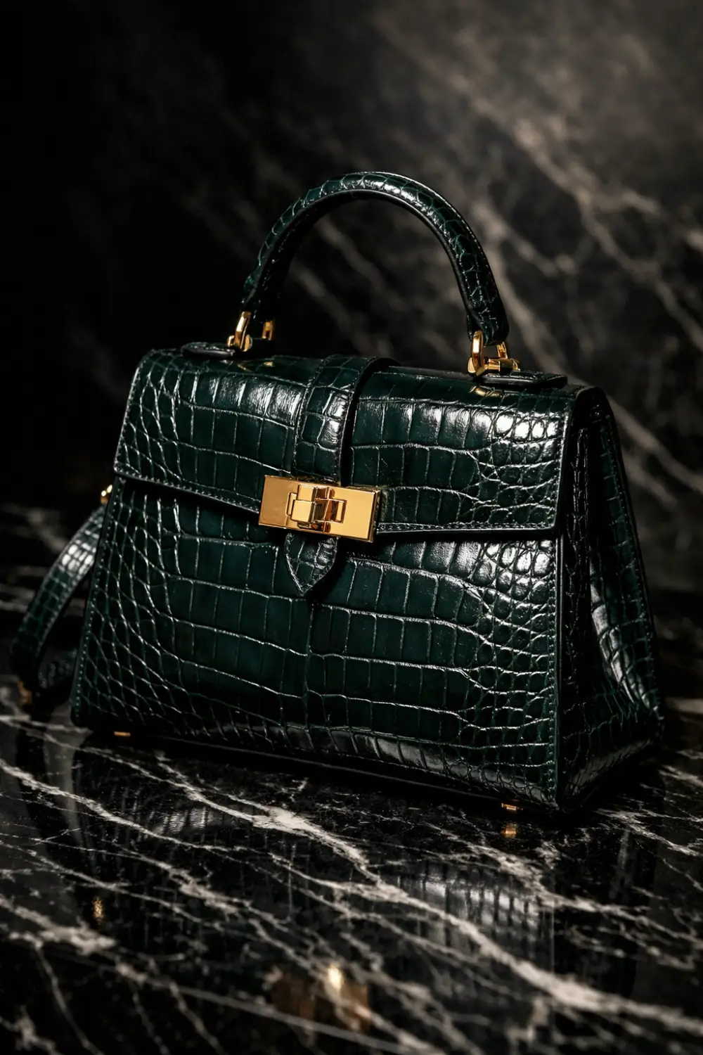 Dark green croc embossed leather handbag with gold hardware placed on marble surface, luxury textured handbag trend for women fashion 2026.