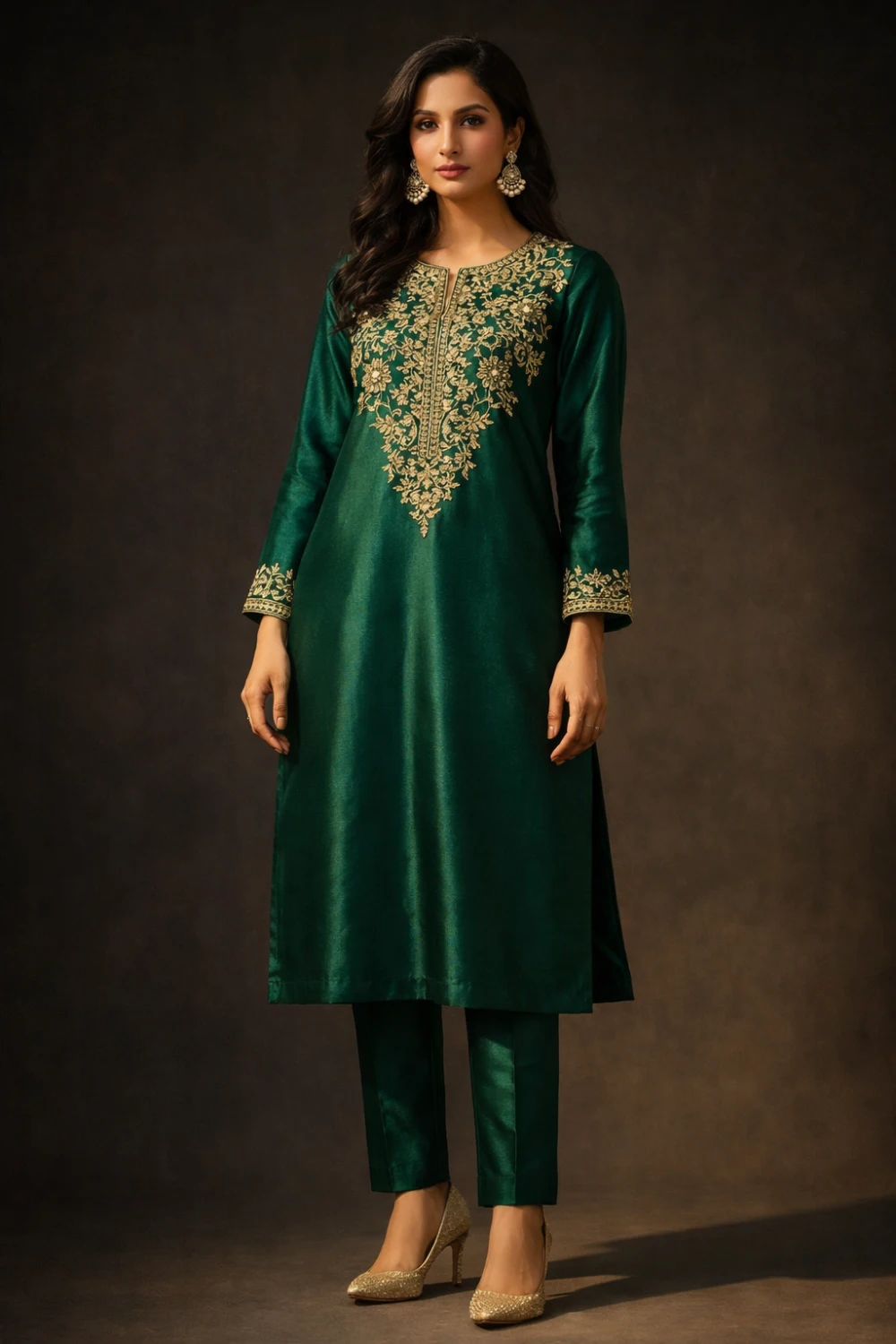 Emerald green embroidered designer kurti with rich gold embroidery on neckline and sleeves paired with matching trousers, luxurious festive kurti outfit for special occasions.