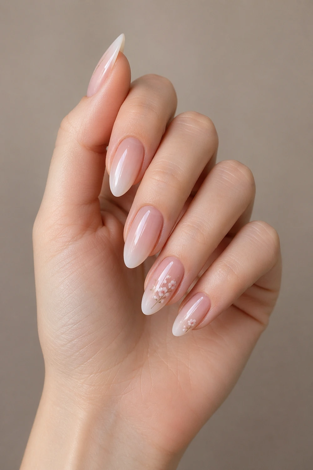 minimal floral milk nails tiny flower accent milky base glossy almond nails subtle delicate nail art clean aesthetic manicure